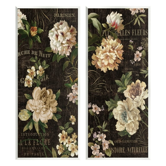 Stupell Vintage French Typography Flowers Botanical & Floral Painting Wall Plaque Unframed Art Print Wall Art, Set of 2