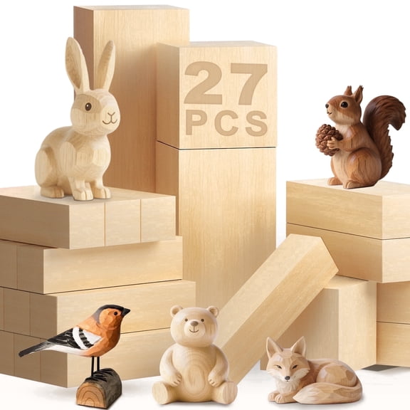 Topsome Basswood Carving Blocks, 27 PCS Whittling Wood Carving Kit for Crafts with 3 Different Sizes and Pattern Sticker, Soft Unfinished Wooden Blocks for Beginners