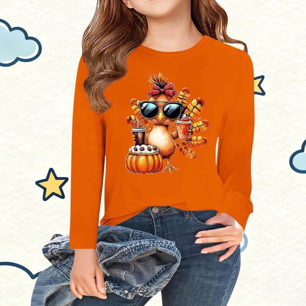 Blusas y camisas de cuello redondo y manga larga para niños Camisas estampadas de manga larga para Acción de Gracias Camisas lindas de cuello redondo Blusas casuales elegantes Ropa Camisas de cuello r