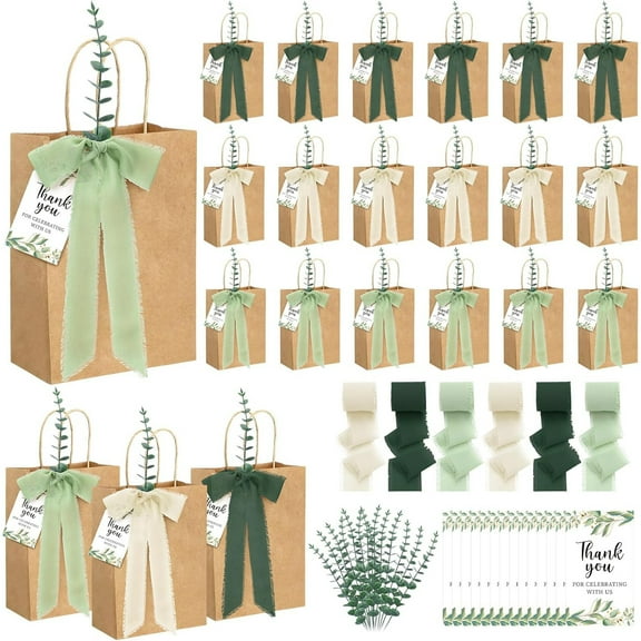 iMucci 50 Complete Wedding Favor Bag Sets Craft Packaging Kit Includes 50 Kraft Paper Bags 50 Simulated Eucalyptus 50pcs paper cards and 3 rolls of ribbon of Decorative Ribbon for Party Gift Wrapping