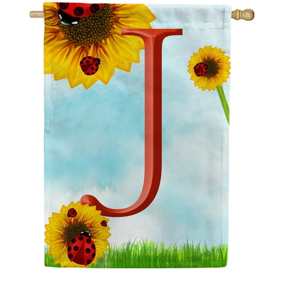 America Forever Summer Sunflower Ladybugs Monogram House Flag Letter J 28 x 40 inches Yellow Floral Spring Double Sided Vertical Outdoor Yard Lawn Decorative Yellow Hello Sunshine House Flag