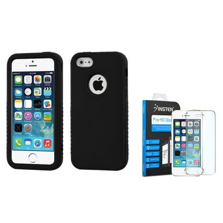 Iphone 5 Bundle Accessories Insten Rubberized Black/Black VERGE Hybrid Case For iPhone SE 5S 5 (with Shatter-Proof Tempered Glass Screen Protector) (2-in-1 Accessory Bundle) ()