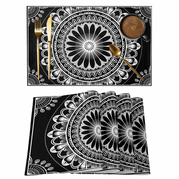 Black Boho Placemats Set of 12, Farmhouse Vintage Abstract Ethnic Floral Placemats for Dining Table, Place Mats for Kitchen Tabletop, Waterproof Wipeable Dining Table Mats Set