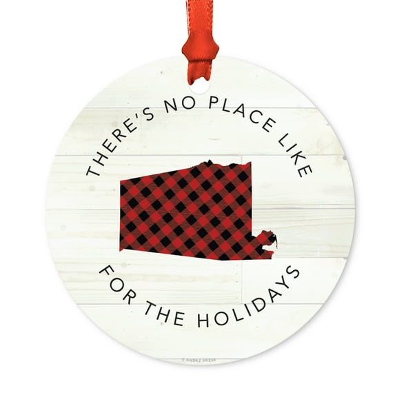 US State Round Metal Christmas Ornament, Red Plaid on Light Rustic Wood, Alabama, Includes Ribbon and Gift Bag