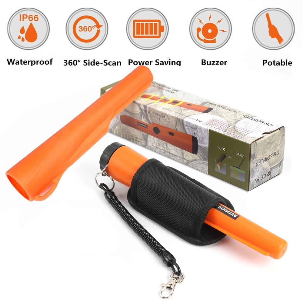 IP68 Waterproof Metal Detector Pinpointer Ultra Sensitive 360-degree Searching Handheld Pin Pointer Wand with Spring Buckle Holster & LED Light+4 Free Batteries Orange 