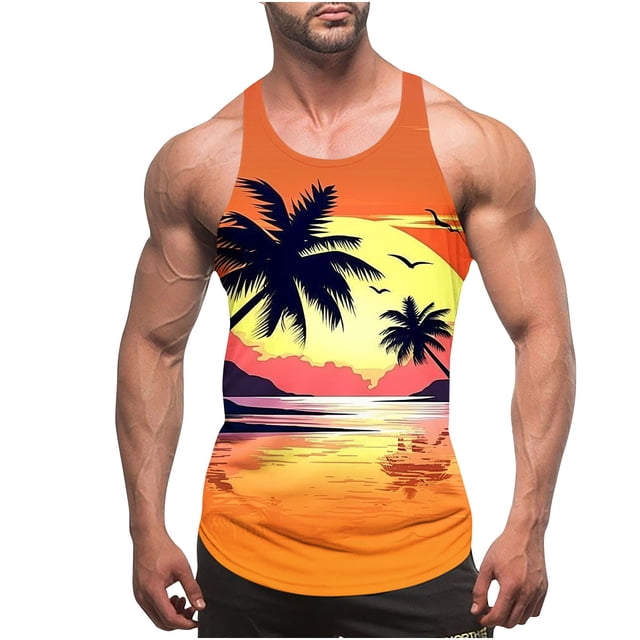 Camiseta de tirantes de cuello redondo para hombre, sin color, con estampado degradado, cuello redondo, tirantes finos, espalda con fugas, estilo informal, deportiva, para hombre