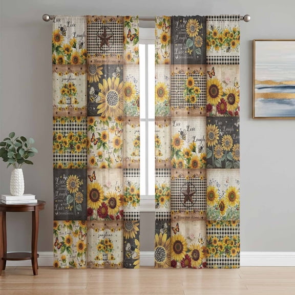 Sheer Curtains 96 Inches Long 2 Panels Set for Living Room, Sunflowers Semi Sheer Curtains for Windows, Farmhouse Vintage Western Texas Star Plaid Voile Window Treatments Rod Pocket Curtain