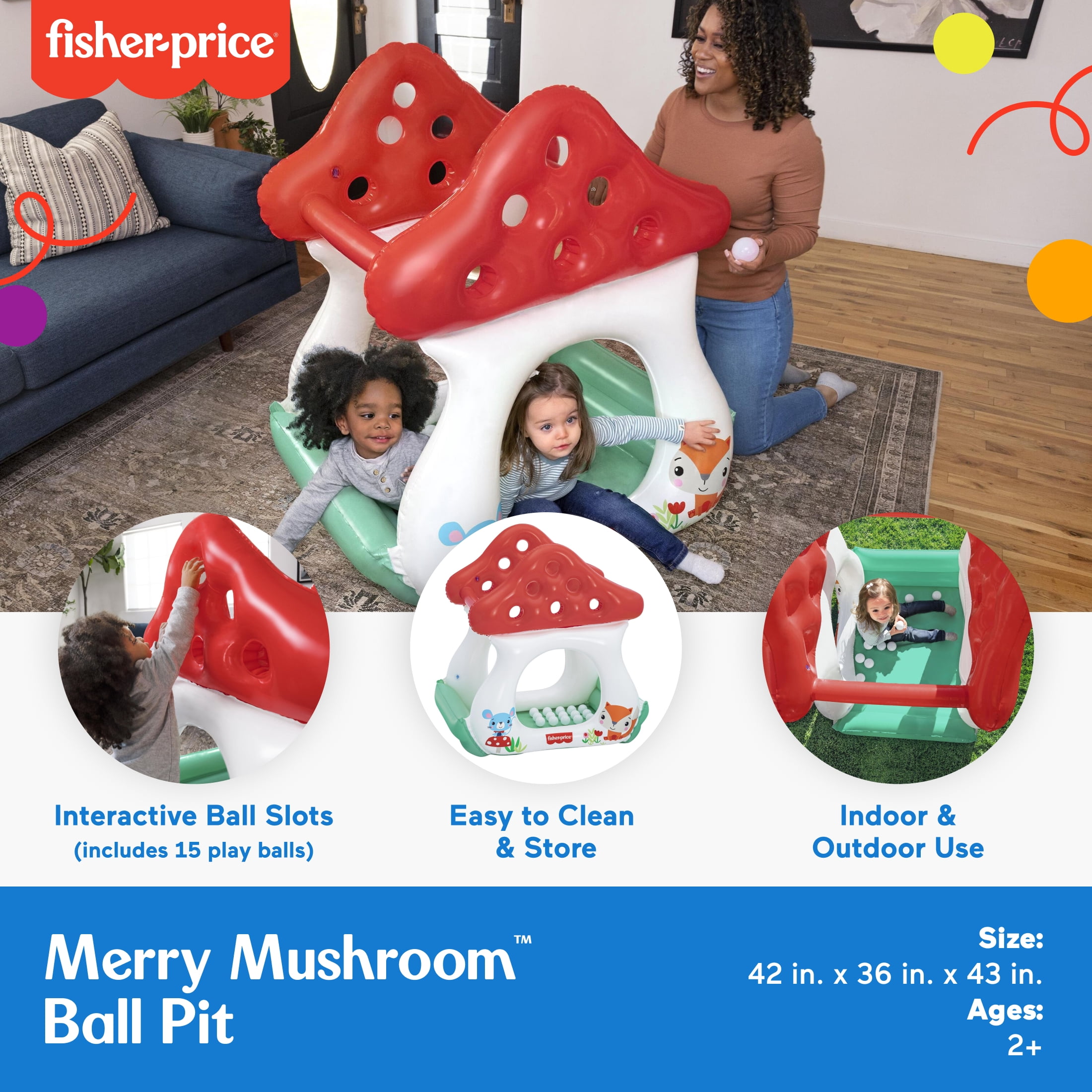 Fisher-Price Merry Mushroom Kids Indoor and Outdoor Ball Pit with 15 Play Balls