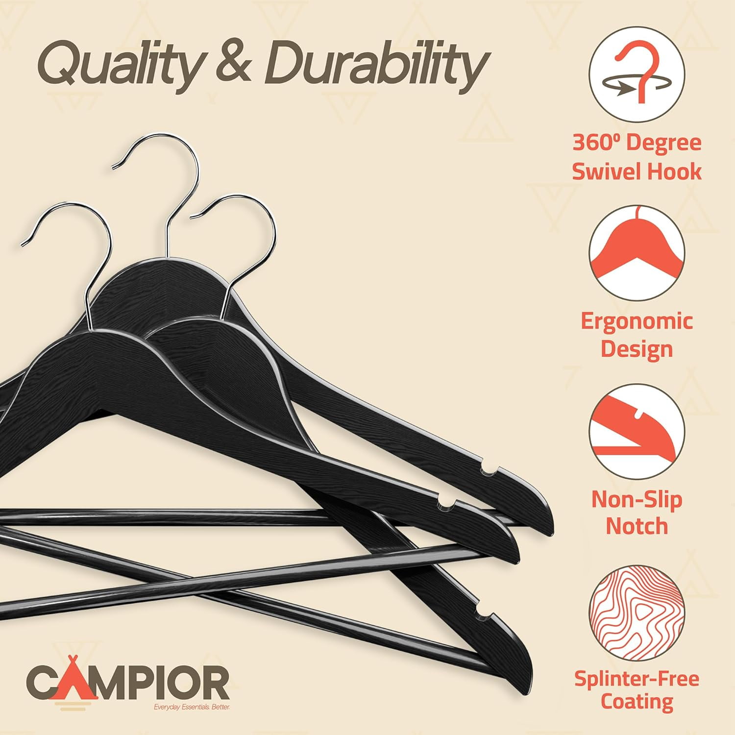 Black Wooden Hangers 10 Pack – Heavy-Duty with 360° Swivel Hook, Non-Slip, Pants Bar & Shoulder Grooves - Wooden Hangers for Suits, Jackets, Dresses & Camisoles, Space-Saving and Smooth Finish