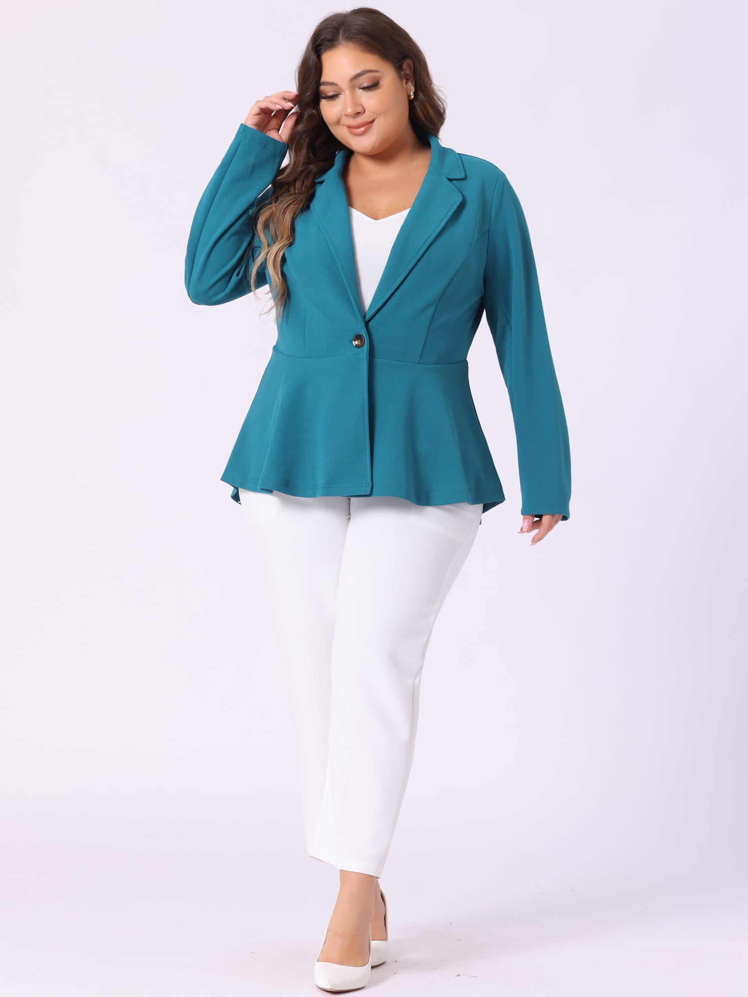 Women's Plus Size Blazer Notch Panel Work Business Casual Suit Jacket 3X Lake Blue