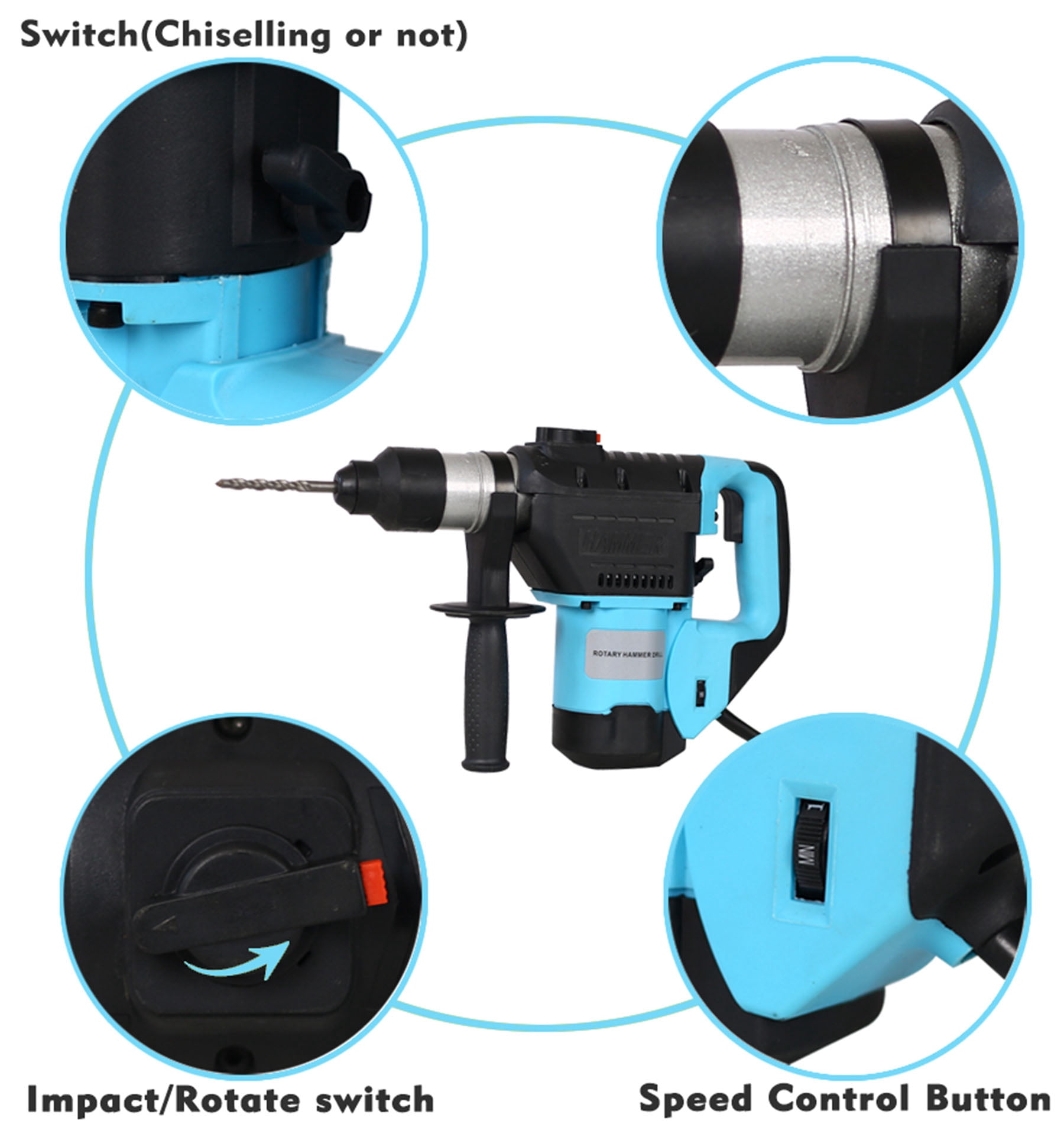 1100W Motor Blue & Black 1-1/2" SDS Plus 3 Functions Drill Hammer Demolition Concrete ,Blue + Black
