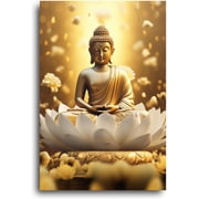 Gold Buddha Painting Zen Canvas Wall Art Buddha Statue Lotus Picture Spiritual Prints Spa Artwork for Yoga Meditation Buddhist Prayer Room(Picture-2, (12.00 x 18.00))