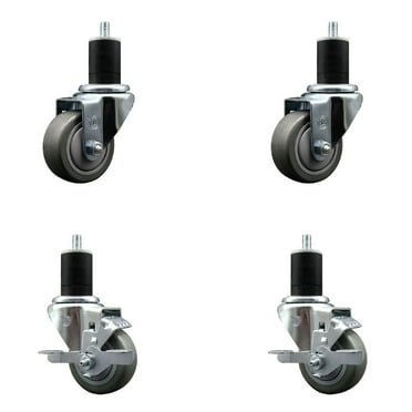 3 Inch SS Gray Poly Wheel Swivel 1-3/4 Inch Expanding Stem Caster Set 2 Brakes