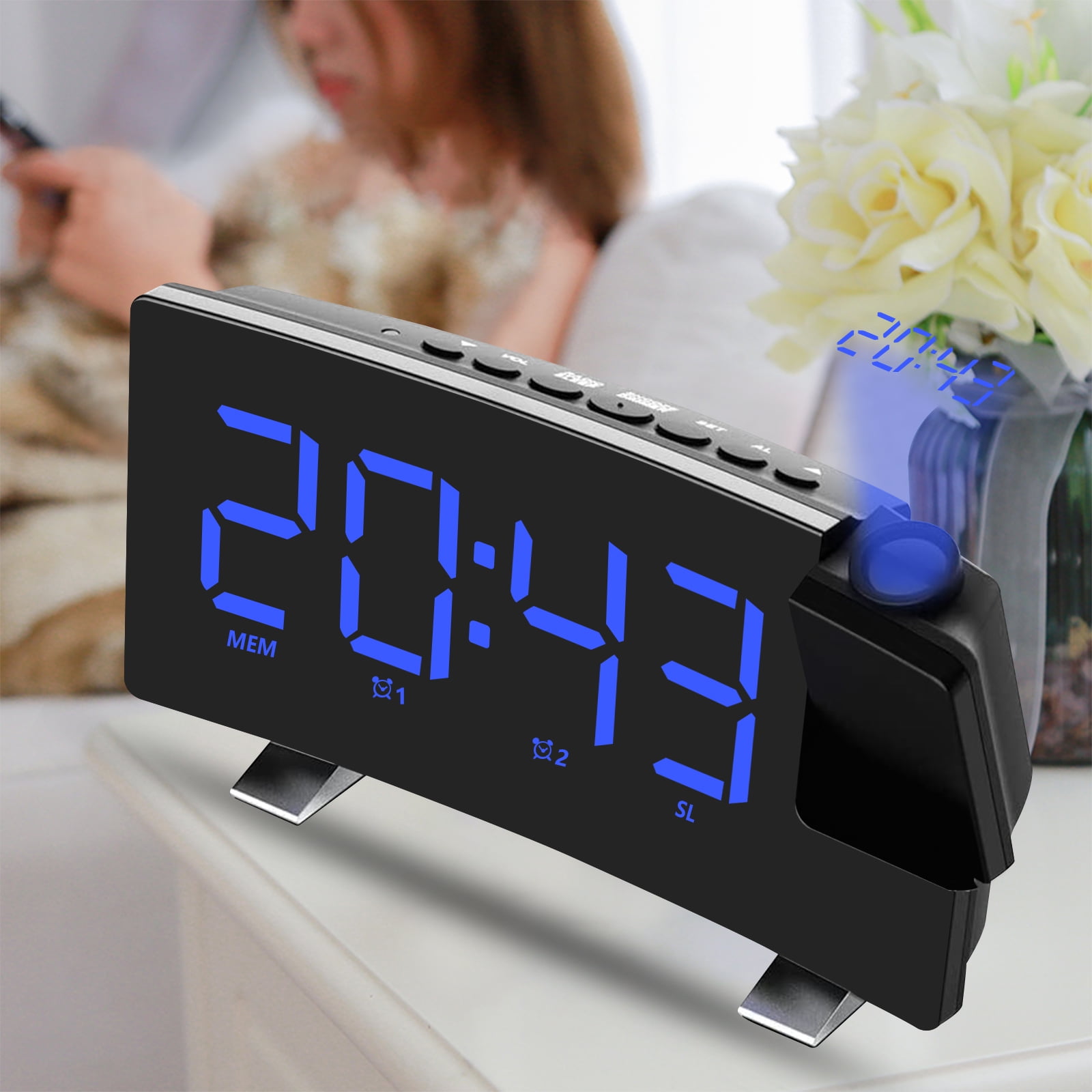 Rirool Projection LED Alarm Clock, Digital Clock Radio with USB Charger Bedroom Dual Alarm, Battery