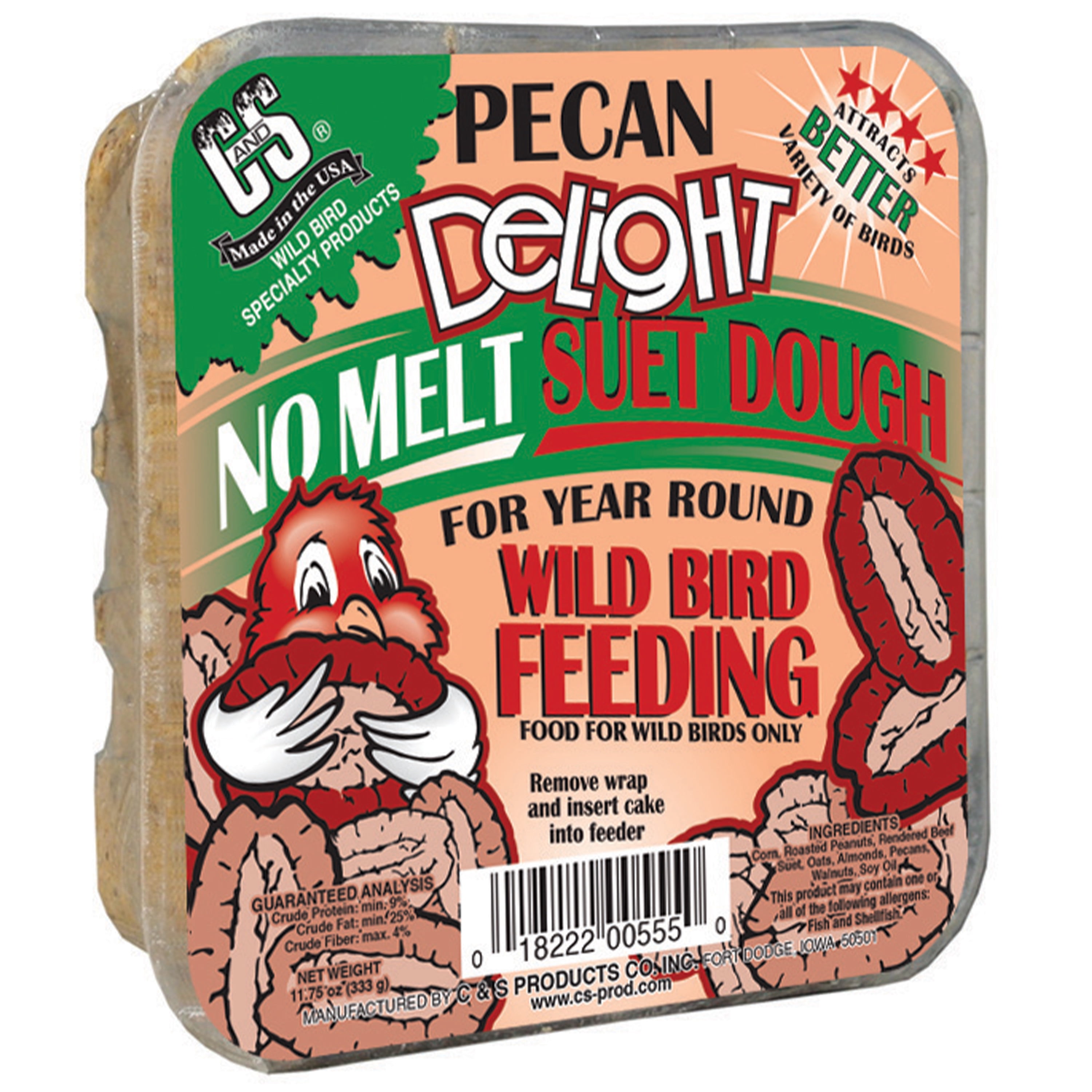 C&S Pecan Delight No-melt Suet Dough, 11.75 oz, Wild Bird Food, 12 Pack