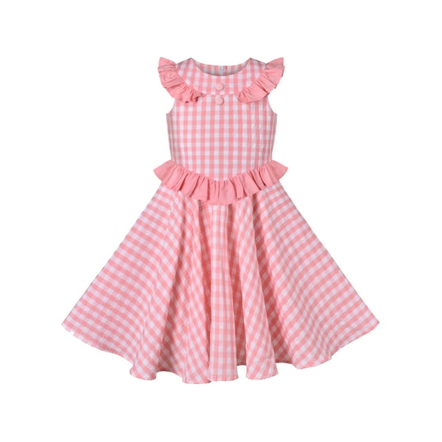 Girl Dress Ruffle Pink Plaid Checkered Button Sleeveless O-neck 7 Years
