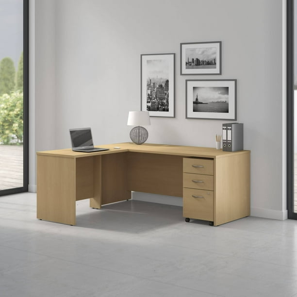 Pro Office L Shaped Desk with 3 Drawer Mobile Pedestal in Light Oak