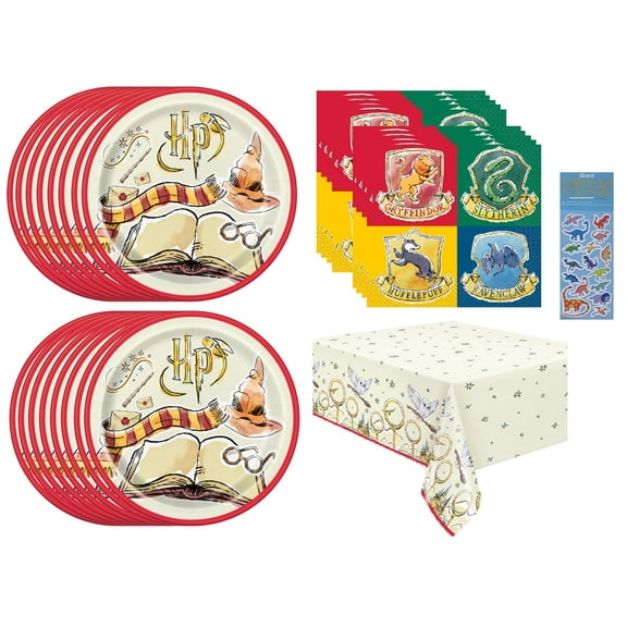 Harry Potter Birthday Party Supplies Bundle Pack includes 16 Lunch Plates, 16 Lunch Napkins, 1 Table Cover, 1 Esave Dinosaur Sticker Sheet (Bundle for 16)