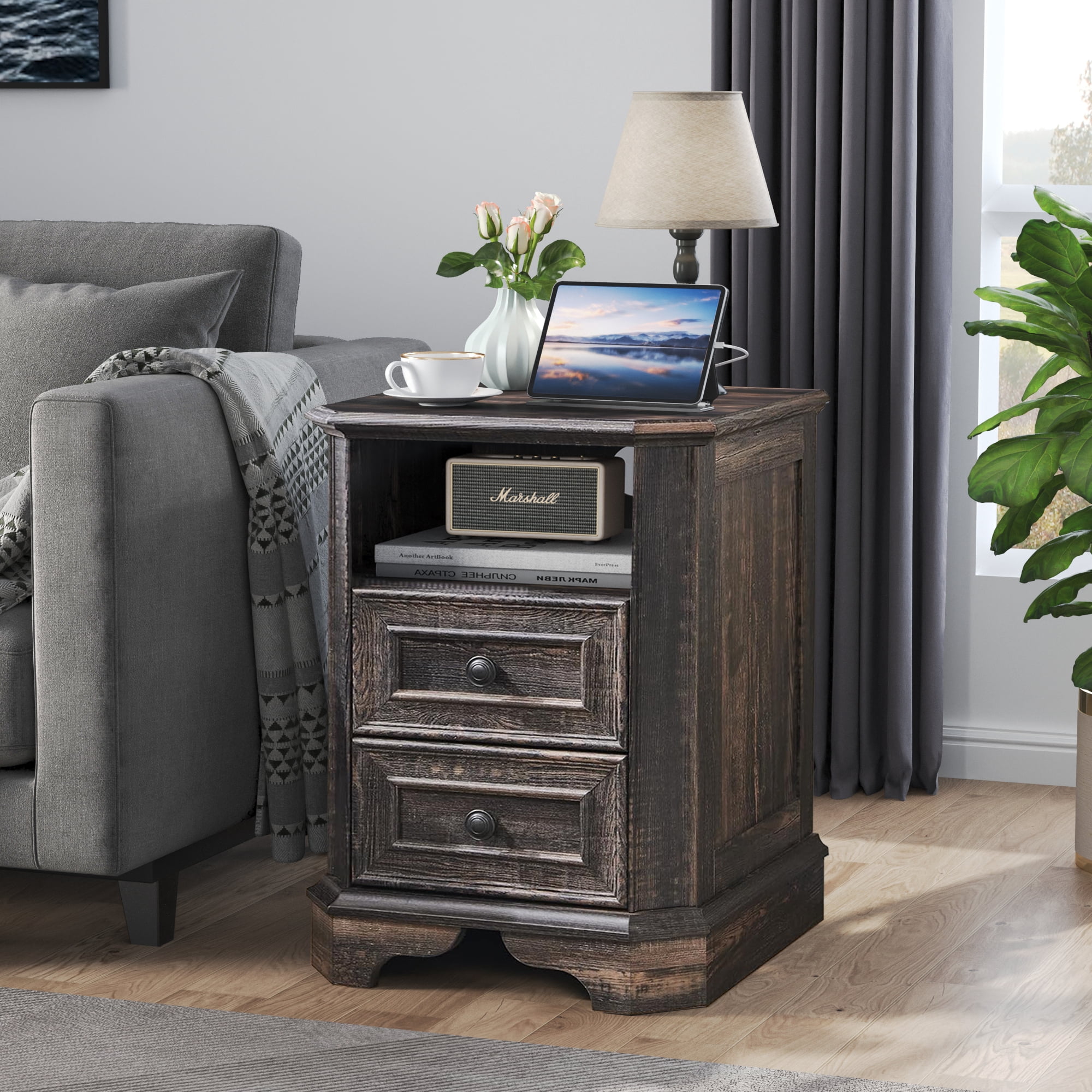 OKD Farmhouse Nightstand with Charging Station, End Table with 2 Drawers for Living Room, Side Table, Dark Rustic Oak