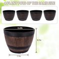 thumbnail image 2 of VECELO 4 Pack 11.3 inch Plant Pots, Whiskey Barrel Planters with Drainage Holes & Saucer, Plastic Imitation Wine Barrel Decoration Flower Pots, for Indoor & Outdoor Garden Home Plants, Brown, 2 of 10