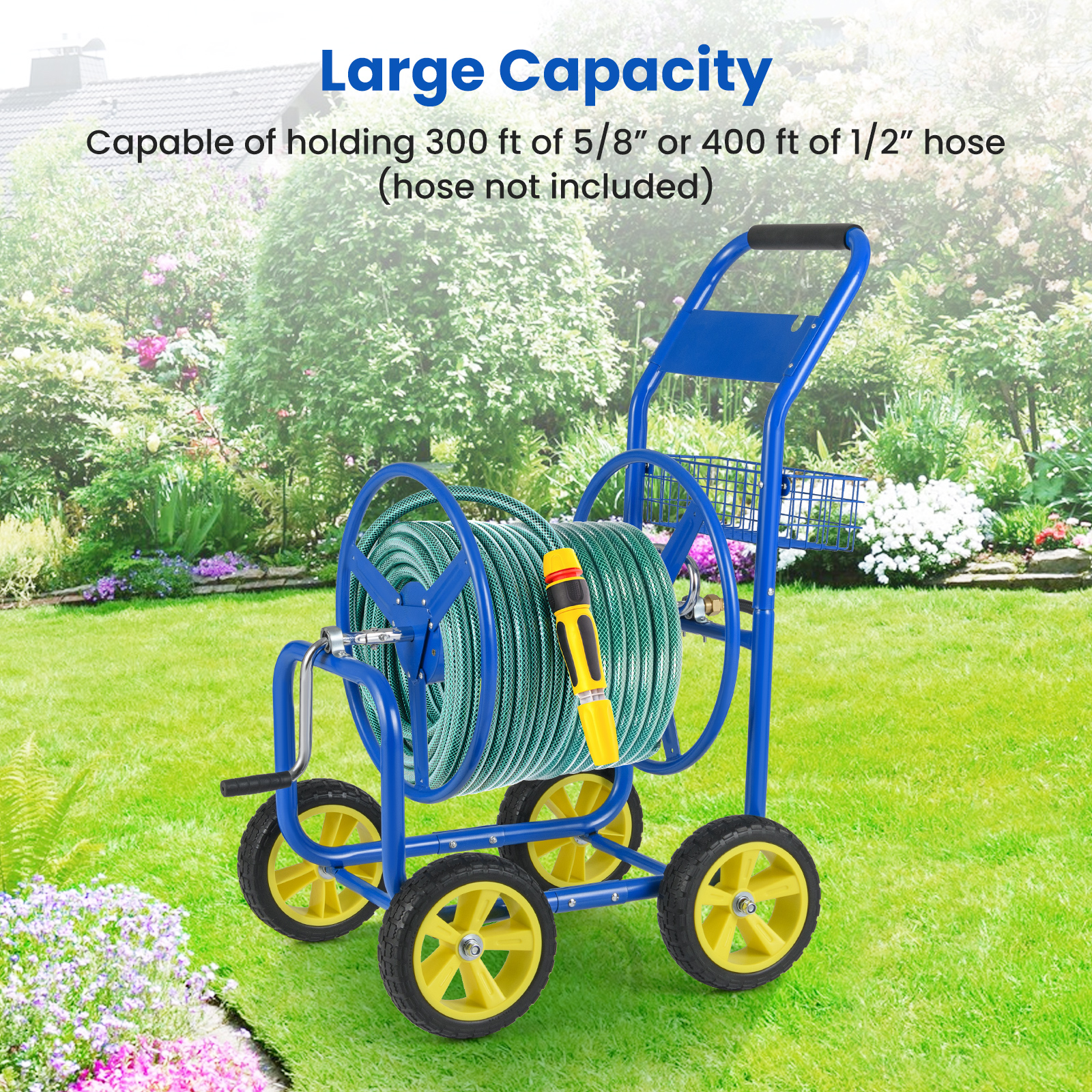 Gymax Garden Hose Reel Cart 300 FT of 5/8'' Large Capacity Heavy-Duty Metal Hose Cart Blue
