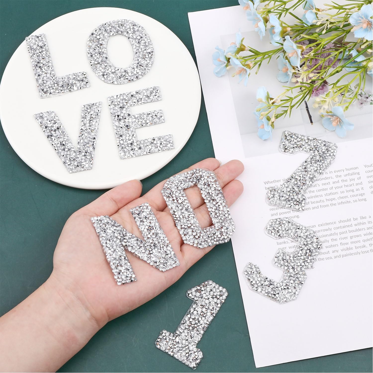 1bag 20 Pcs Number and 56 Pcs Alphabet Rhinestone Letter Sticker for Clothing Iron On Letters Patches for Jeans Jacket Costume Accessories Sewing Craft Decoration Silver