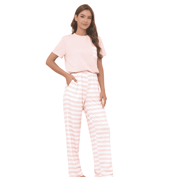 PPCHVOY Women's Plus Size Pajamas Set Striped Sleepwear with Drawstring Pants Casual Loungewear for Women S-5XL