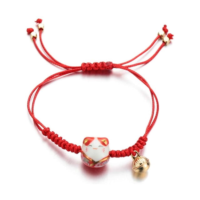 Pulsera de gato de la suerte tejida a mano Feng Shui Lucky Charm Gato de cerámica Maneki Neko Pulsera de la riqueza de la suerte Pulseras de cuentas Cordón de la suerte ajustable