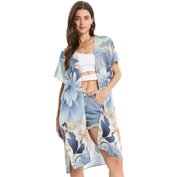 Beach Vacation Clothes Kimono Cardigan Loose Swimsuit Cover Up for Women Large Watercolor Flower S