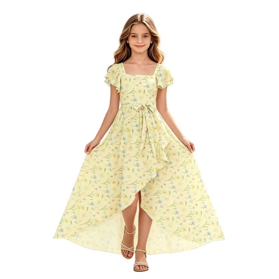 Fesfesfes Girls Square Neck Flutter Sleeve Maxi Dress with Tie Waist Crisscross Detail, Flowy Chiffon Long Summer Outfit for Vacation and Special Occasions, Kids Ages 5-14 Years