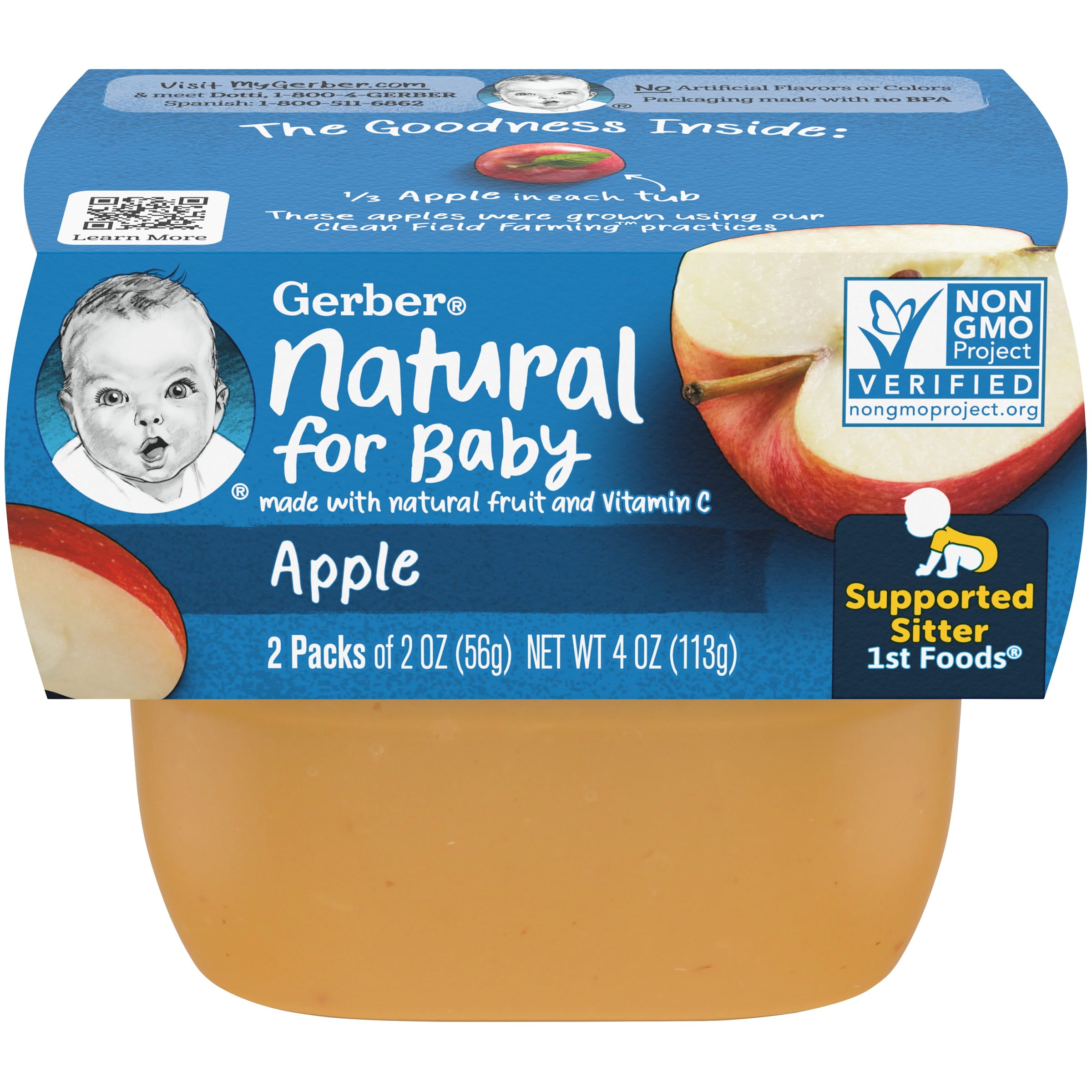 Gerber Natural Stage 1 Baby Food, Apple, 2 oz Tubs (16 Pack)