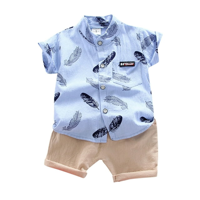 MIASHUI Ensemble T-Shirt à Manches Courtes d'Été en Coton et Short pour Garçon Tout-Petit, Bleu, 2-3 Ans