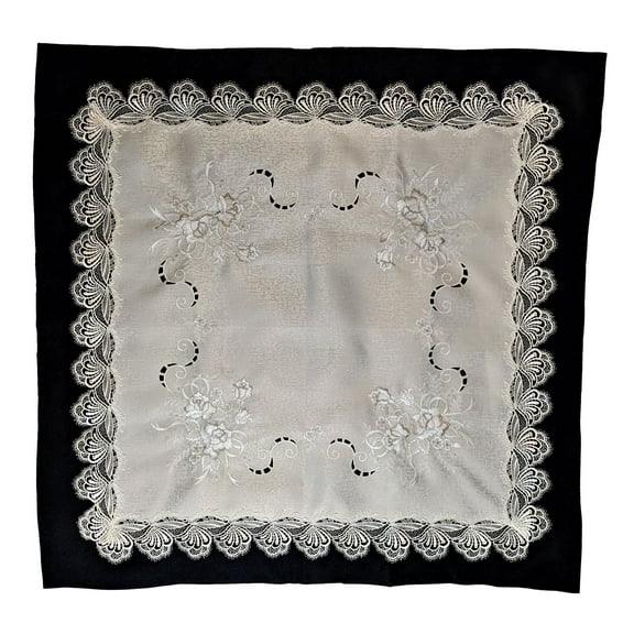 Doily Boutique Tablecloth or Table Topper Square Embroidered with Gray, Silver, and White Roses on Fabric with Lace Size 37 inches