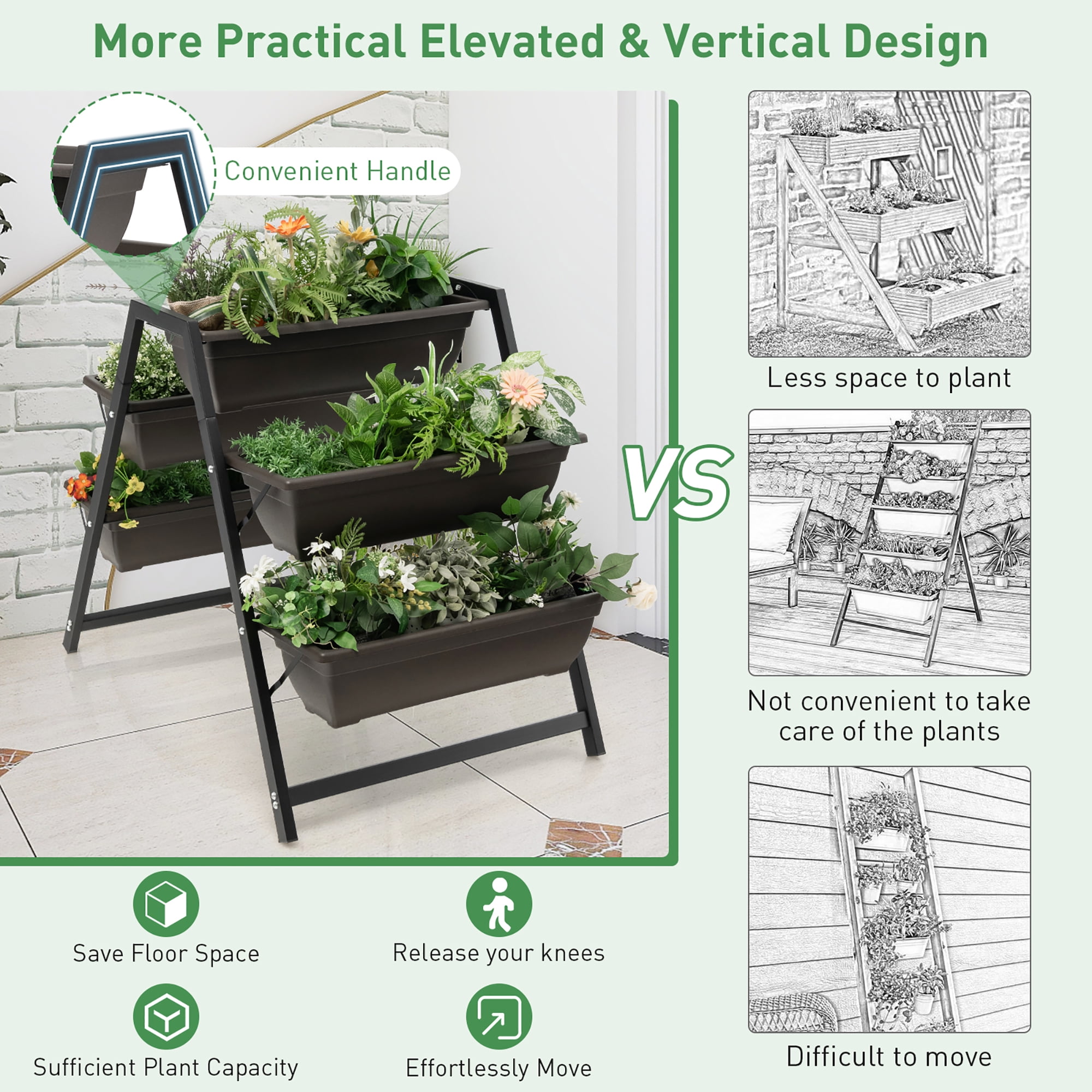 Costway 31”H Raised Garden Bed 3-Tier Vertical Planter w/5 Plant Boxes Indoor Outdoor