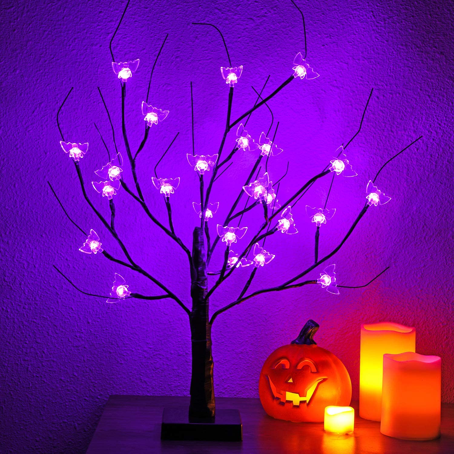 24� Lighted Table Tree Lights with Purple Bat, Battery Operated with 24
