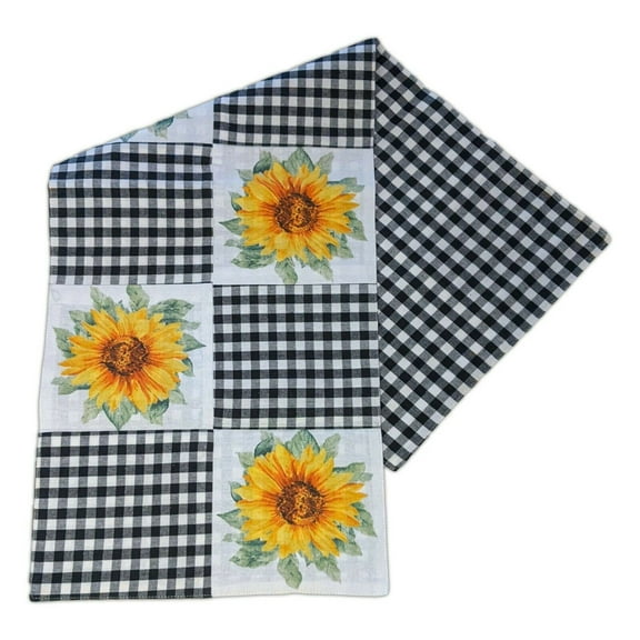 SUNFLOWER PATCHWORK Black Check Table Runner, 13" x 36", by The Country House