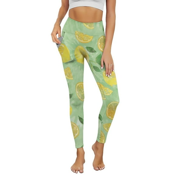 Renewold Lemon Tie-dye Green Yoga Pants for Women with Pockets Full Length Workout Leggings High Waist Tummy Control Lounge Pants Activewear Fashion Womens Leggings, XS