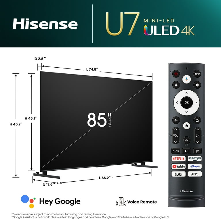  Hisense 85-Inch Class U7 Series Mini-LED ULED 4K UHD Google  Smart TV (85U7K, 2023 Model) - QLED, Native 144Hz, 1000-Nit, Dolby Vision  IQ, Full Array Local Dimming, Game Mode Pro, Alexa