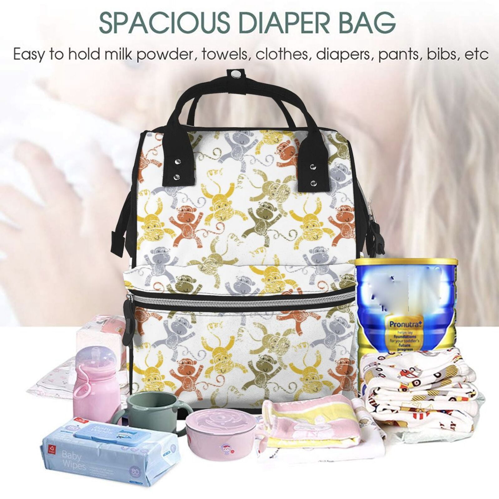 Ratiio Cartoon Monkey Mummy Backpack - Waterproof Twill Canvas, Large Capacity Diaper Bag with Multiple Pockets and Adjustable Straps