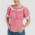thumbnail image 5 of Women's Oktoberfest Plaid Lace Patchwork Short Sleeve Shirt With Button Decoration Slim Fit Bavarian Top, 5 of 9