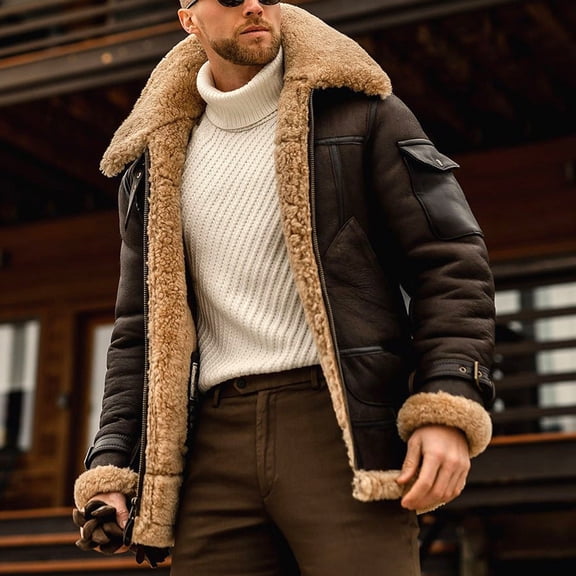 Mens Faux Fur Jacket Sherpa Lined Fleece Shearling Coat Vintage Zipper Warm Military Cargo Trucker Aviator Suede Bomber Jacket Outwear