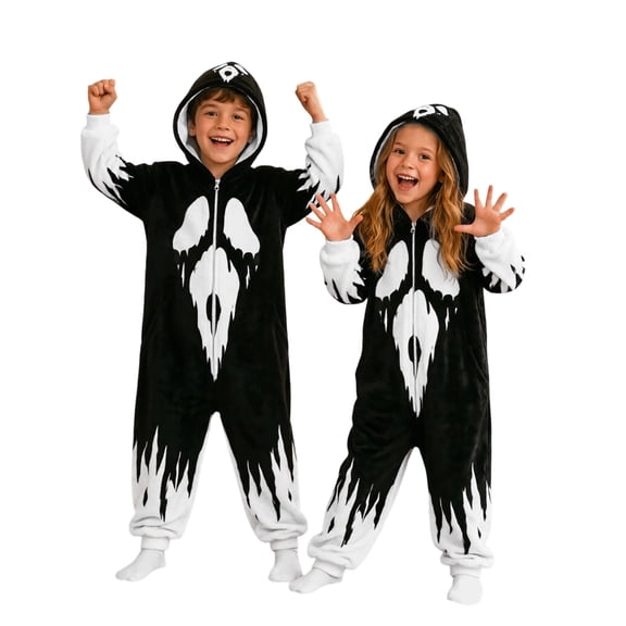 Krdevn Halloween Ghost Face Hooded Zip Up Kids Onesie Costume Black,6-7 Years