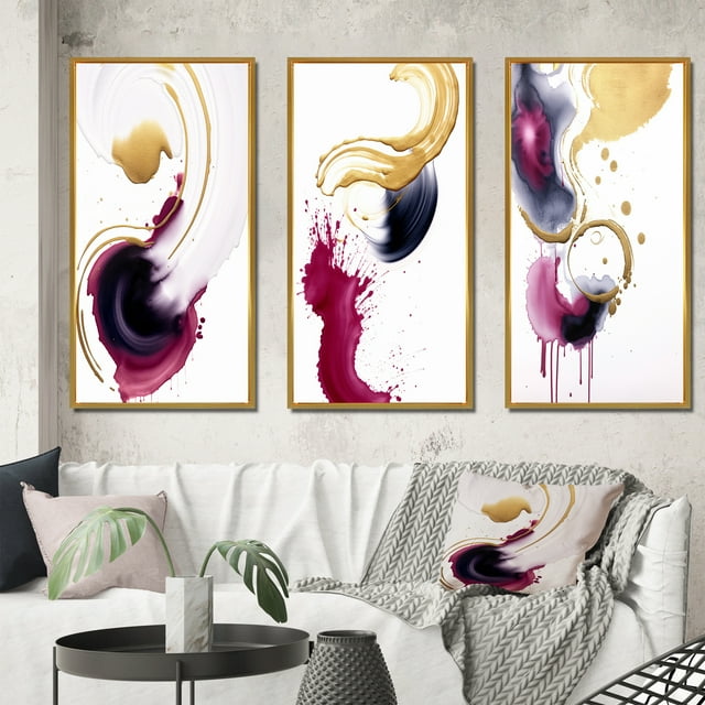 Designart "Peaceful Intensity Magenta and Gold Series II" Abstract Painting Framed Wall Art Set Of 3 - Gold Modern Frame Gallery Wall Set For Home Decor