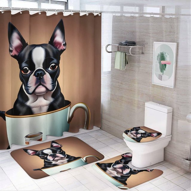 Terrier de Boston-theme 4-Piece Shower Curtain Set with Rugs, Waterproof Bathroom Decor Set Includes Bath Mat, U-Shaped Rug, Toilet Lid Cover and Curtain with Hooks
