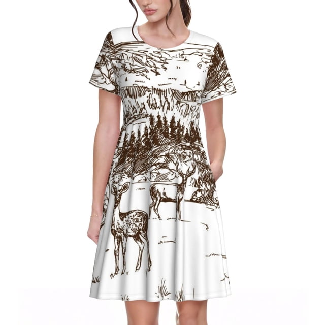 Disketp Woodland Forest With Deers para Vestido de Manga Corta para Mujeres, Vestidos de Verano para Mujeres, Casual y Holgado para la Playa