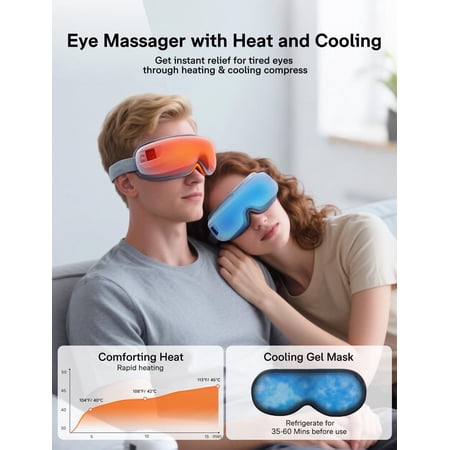 Eye Massager with Heat and Cooling for Migraine Relief, 5 Modes Music Travel Foldable