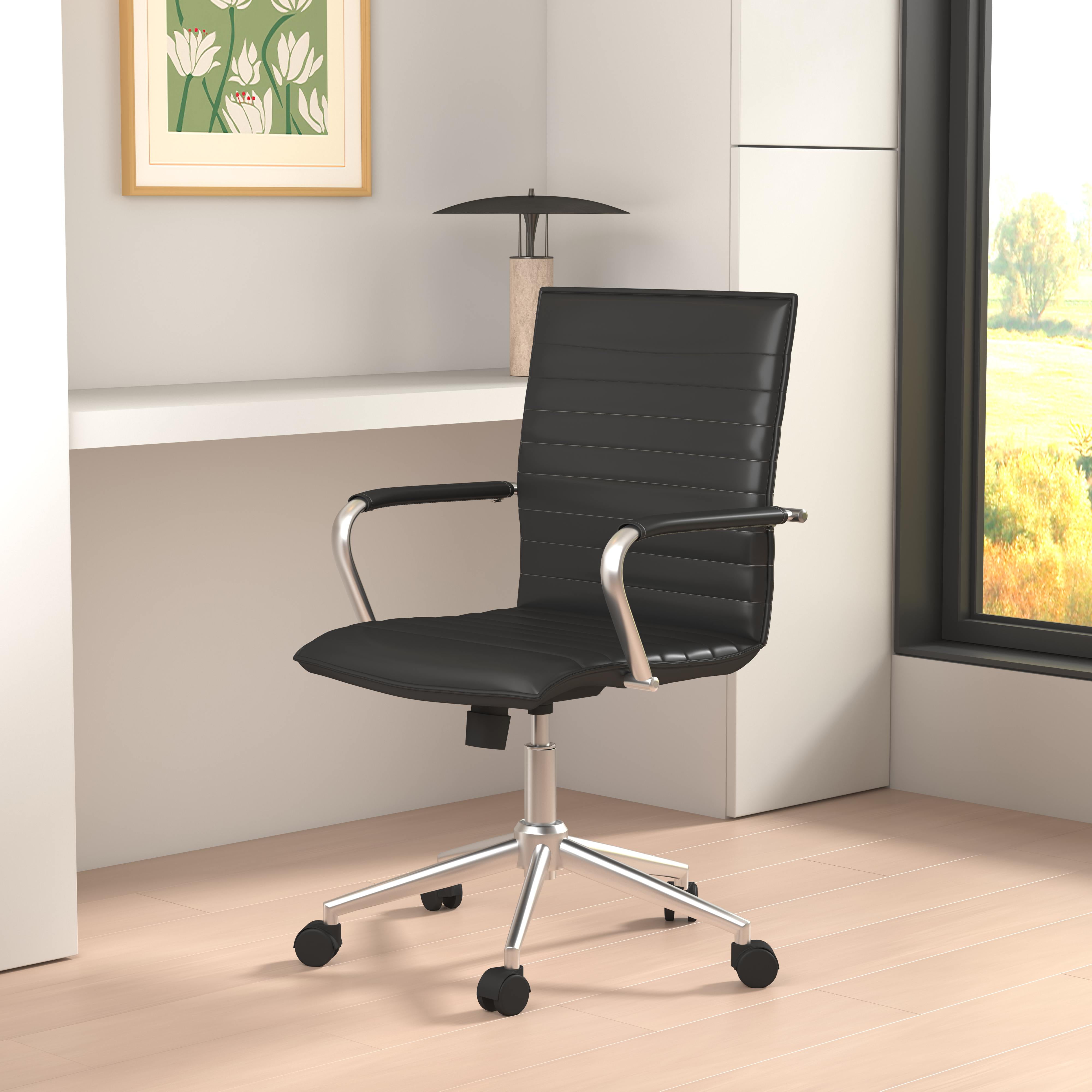 Boss Office Products Vinyl Hospitality Task Chair with Fixed Chrome Arms and Casters, Black