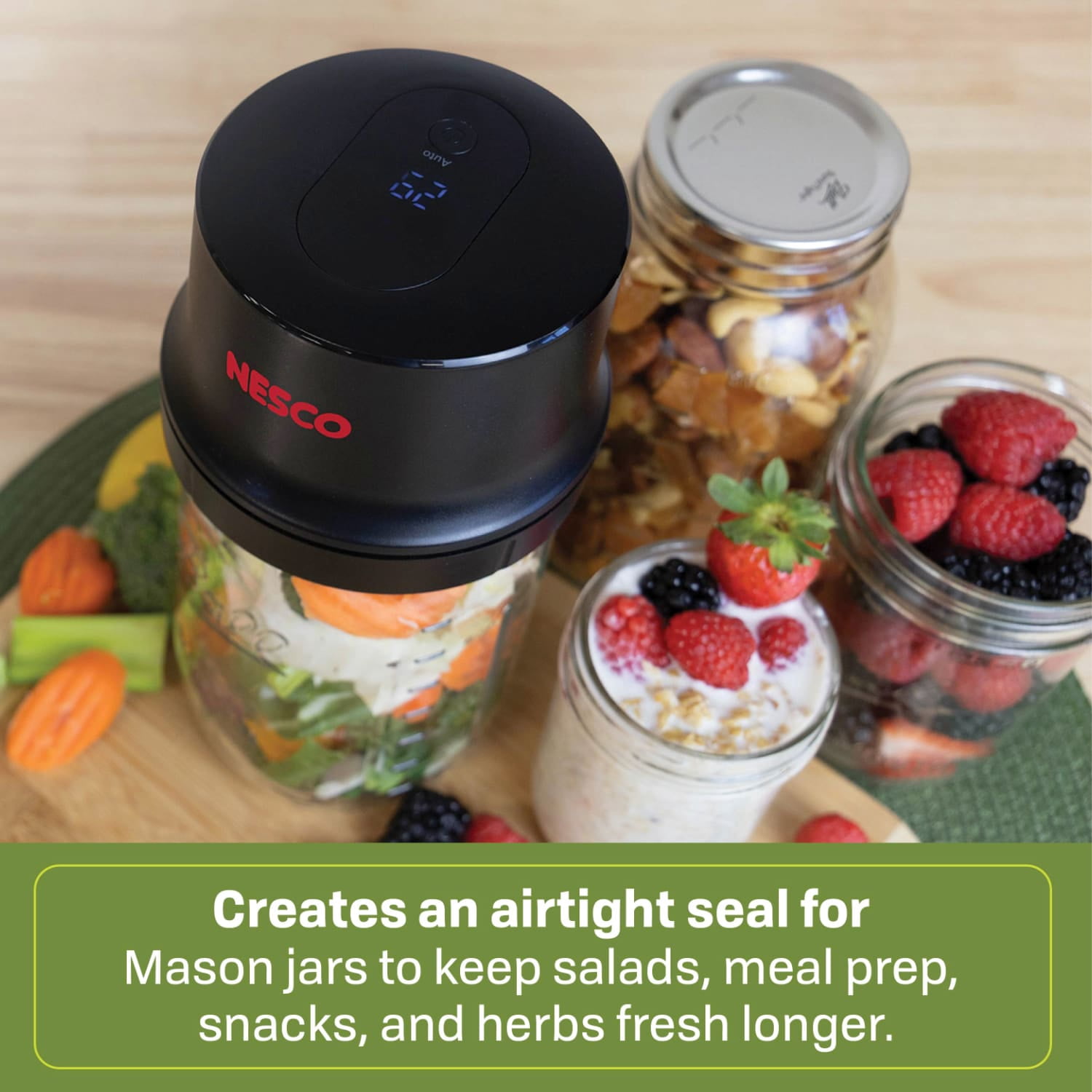NESCO Electric Mason Jar Vacuum Sealer with 10 Assorted Lids, Type-C Charging Cable, and Bottle or Jar Opener
