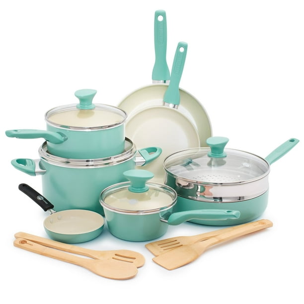 GreenPan Rio Healthy Ceramic - Juego de ollas y sartenes antiadherentes, 16 piezas, sin PFAS, apto para lavaplatos, color turquesa