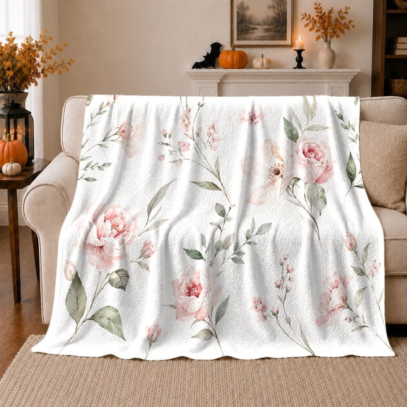 Delicate Pink Flowers On Airy White Ground, Cozy Flannel Blanket with Delicate Floral Watercolor Print, Housewarming Gift for Soft Floral Enthusiasts, Home Decor for Bedroom and Living Room